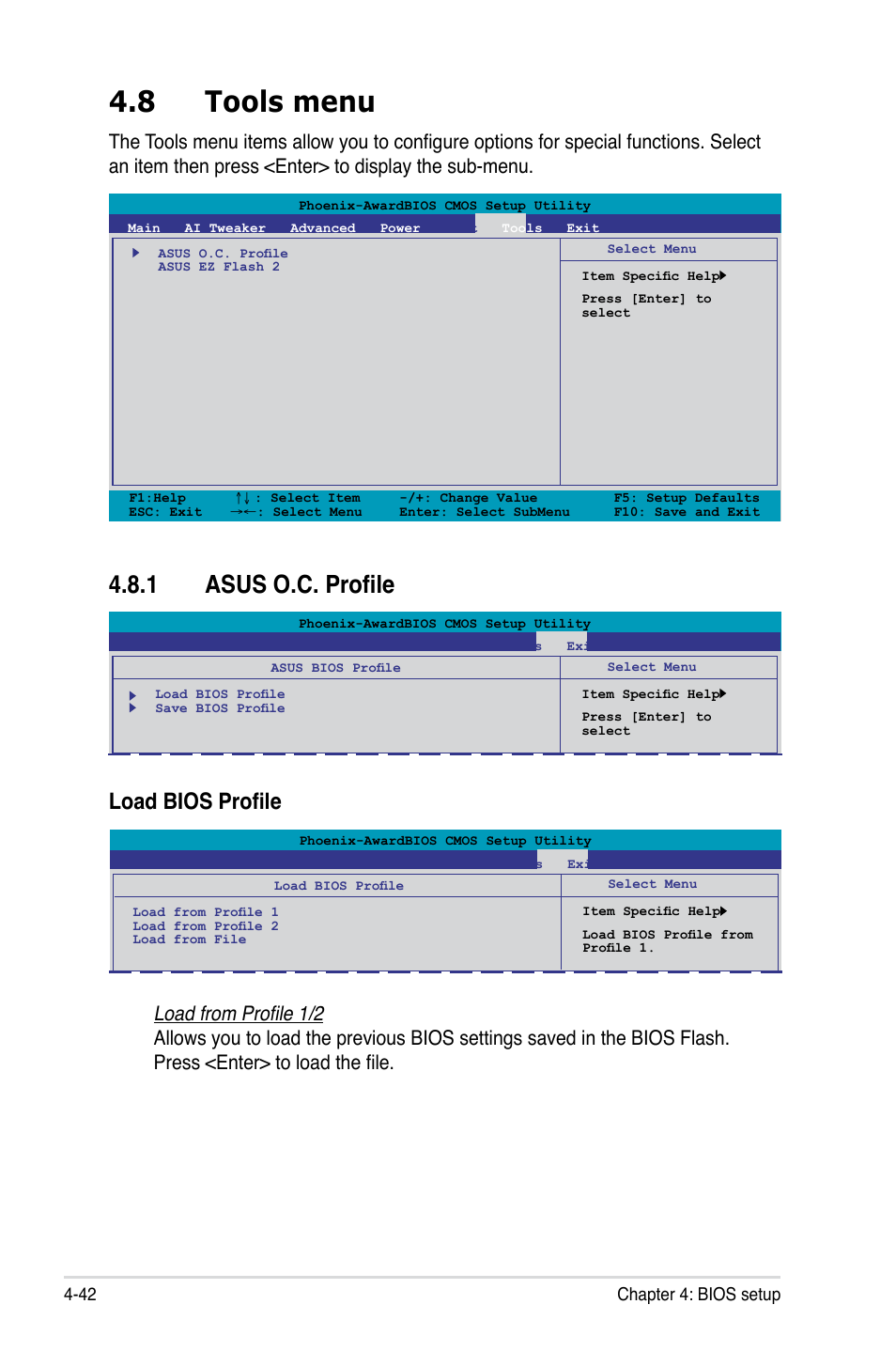 8 tools menu, 1 asus o.c. profile, Tools menu -42 4.8.1 | Asus o.c. profile -42, Load bios profile | Asus P5N72-T Premium User Manual | Page 112 / 178