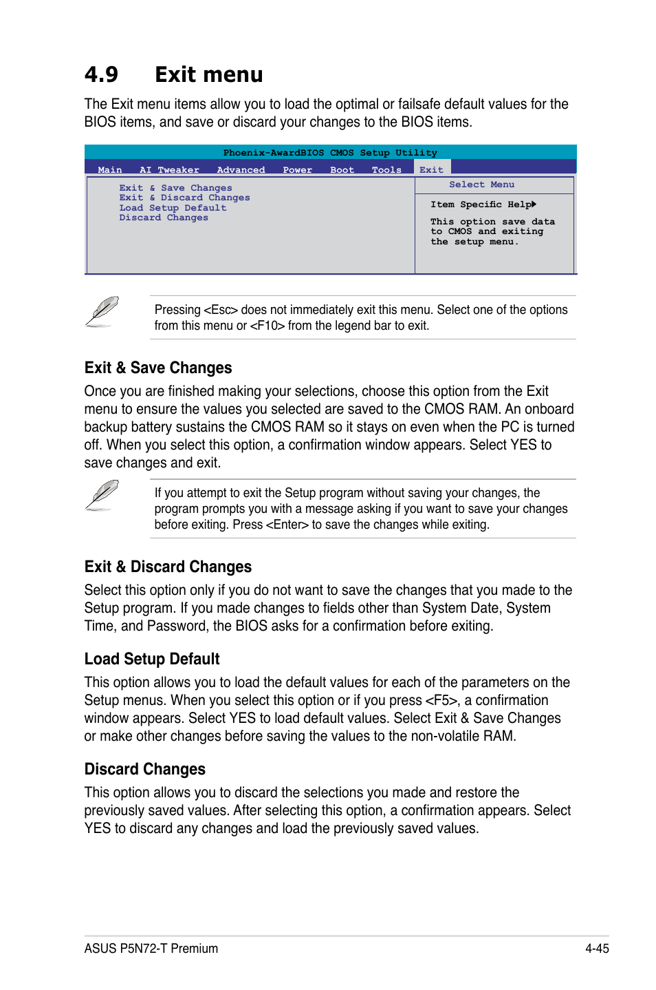 9 exit menu, Exit menu -45, Exit & save changes | Exit & discard changes, Load setup default, Discard changes | Asus P5N72-T Premium User Manual | Page 115 / 178