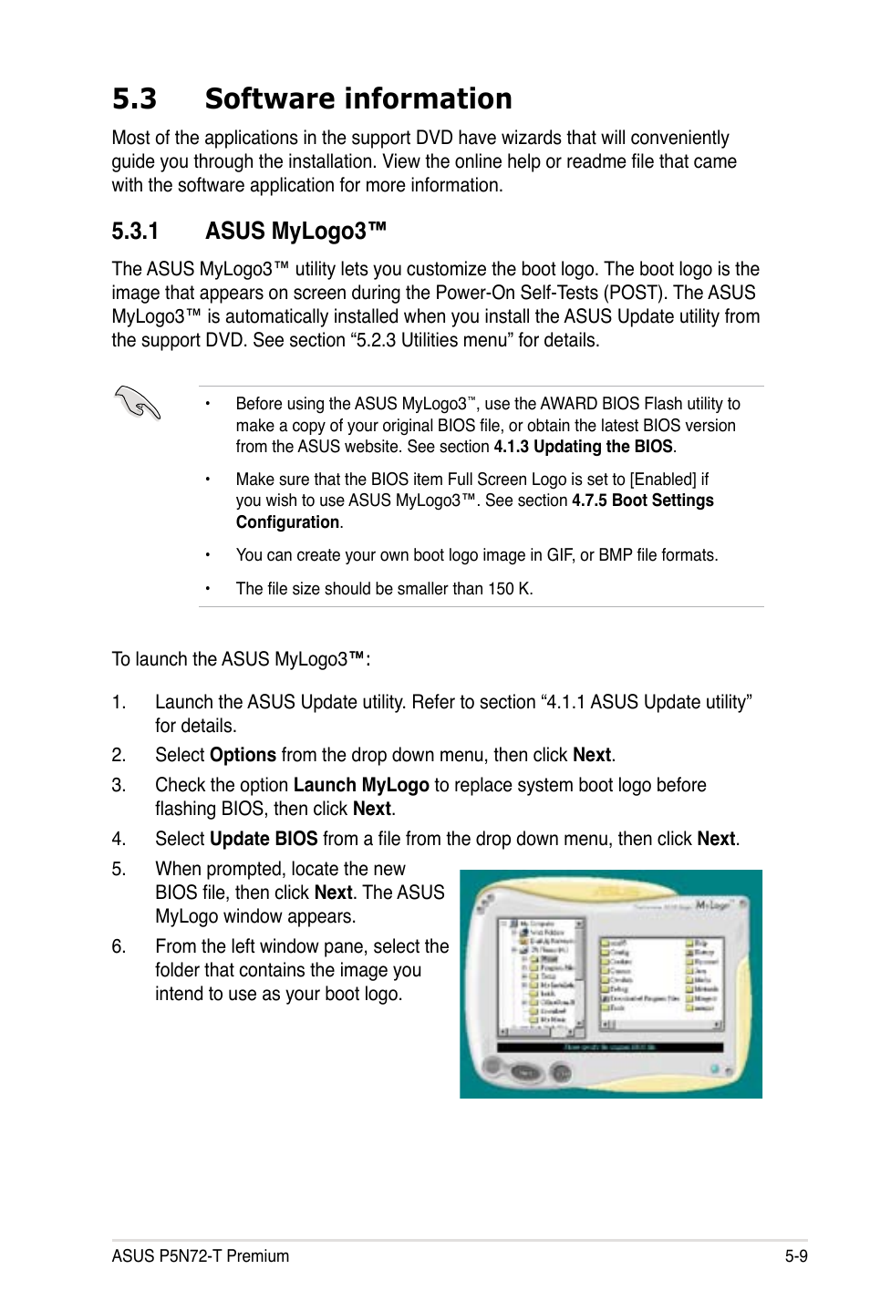 3 software information, 1 asus mylogo3, Software information -9 5.3.1 | Asus mylogo3™ -9 | Asus P5N72-T Premium User Manual | Page 127 / 178