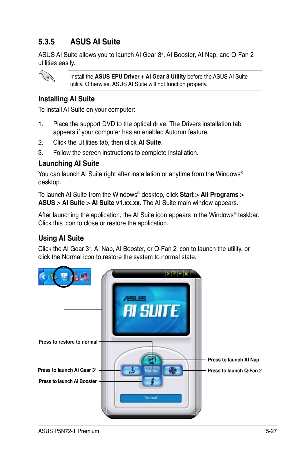 5 asus ai suite, 5 asus ai suite -27, Installing ai suite | Launching ai suite, Using ai suite | Asus P5N72-T Premium User Manual | Page 145 / 178