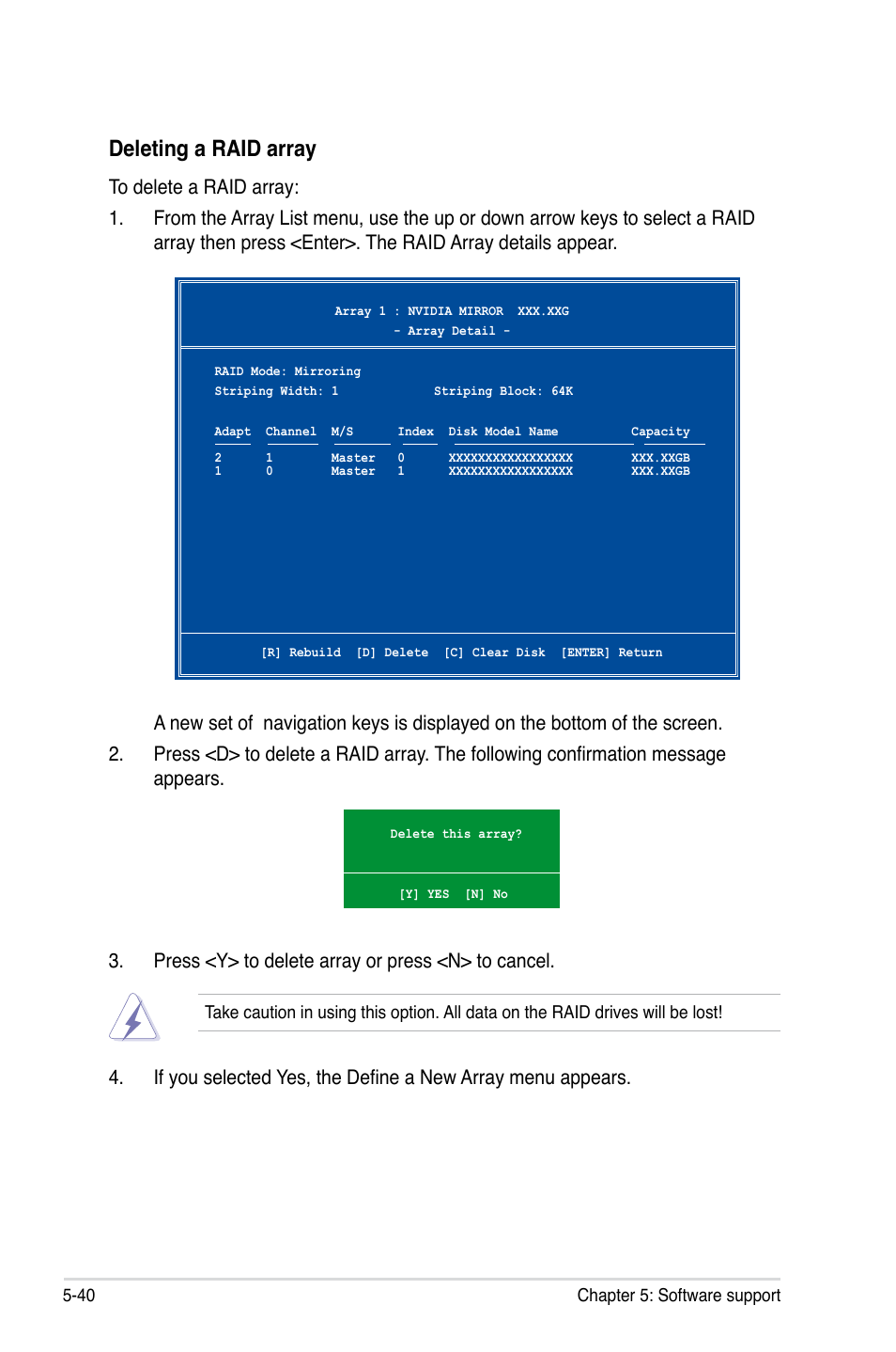 Deleting a raid array | Asus P5N72-T Premium User Manual | Page 158 / 178