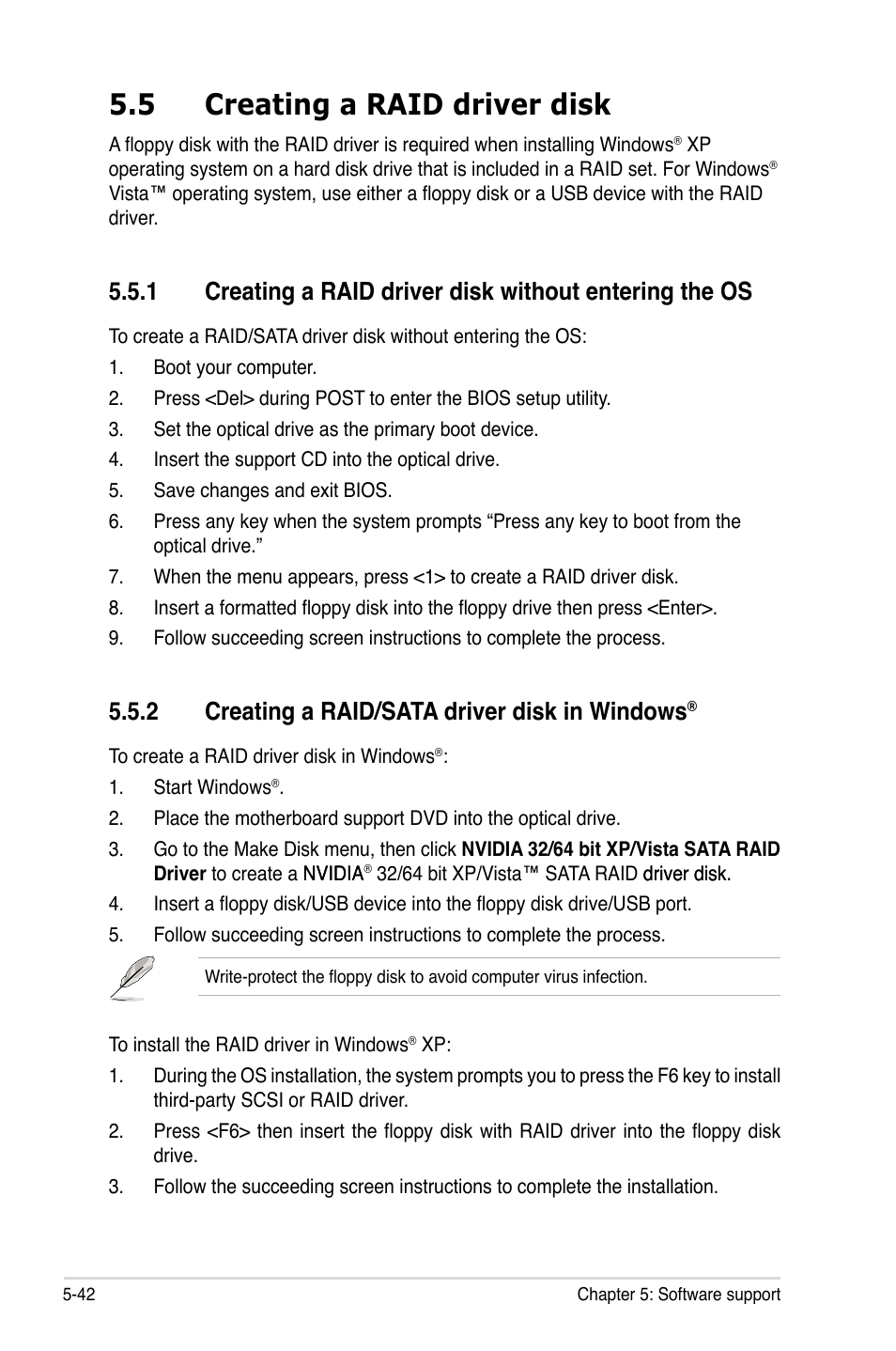 5 creating a raid driver disk, 2 creating a raid/sata driver disk in windows, Creating a raid driver disk -42 5.5.1 | Creating a raid/sata driver disk in windows | Asus P5N72-T Premium User Manual | Page 160 / 178