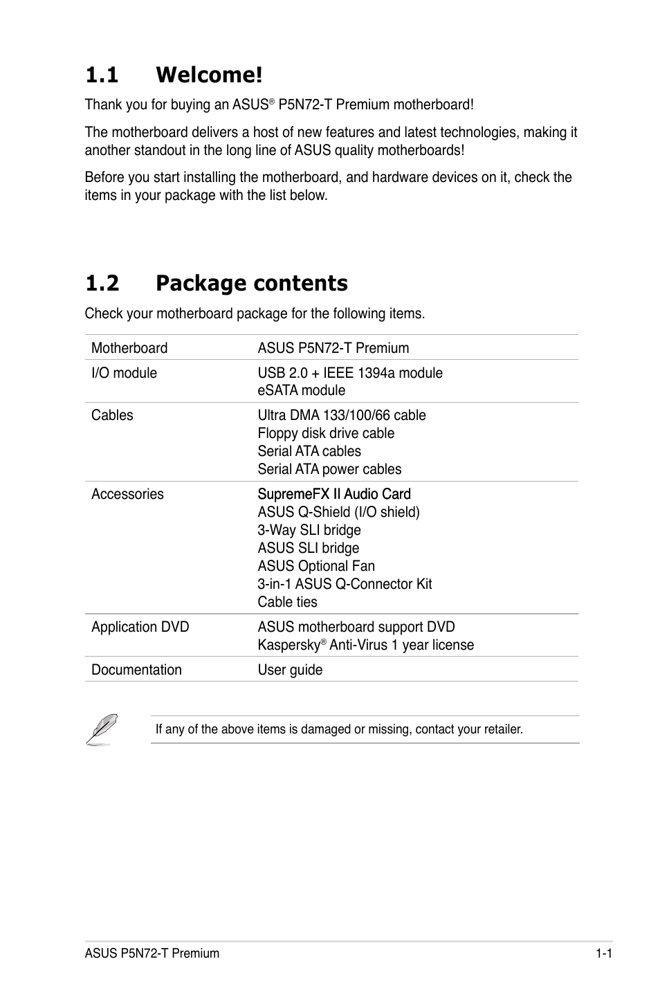 1 welcome, 2 package contents, Welcome! -1 | Package contents -1 | Asus P5N72-T Premium User Manual | Page 17 / 178