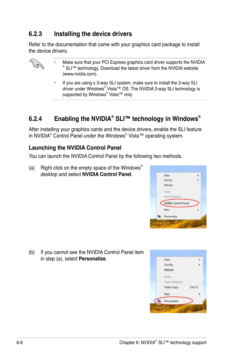 3 installing the device drivers, 4 enabling the nvidia® sli™ technology in windows, Installing the device drivers -6 | Enabling the nvidia, Sli™ technology in windows, 4 enabling the nvidia, Launching the nvidia control panel | Asus P5N72-T Premium User Manual | Page 170 / 178