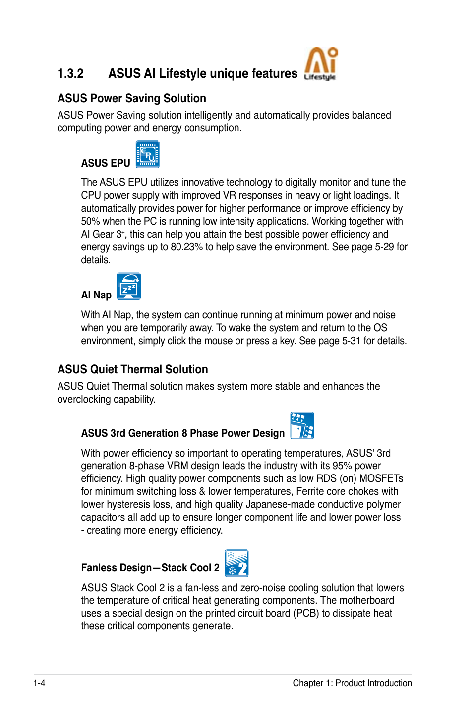 2 asus ai lifestyle unique features, Asus ai lifestyle unique features -4 | Asus P5N72-T Premium User Manual | Page 20 / 178