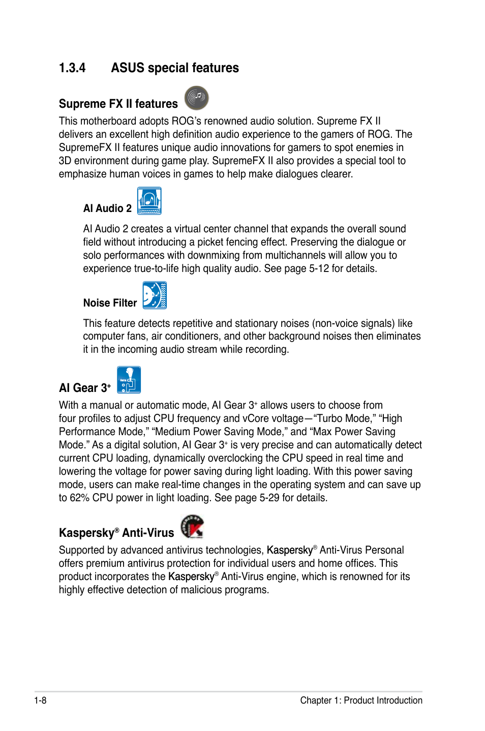 4 asus special features, Asus special features -8, Supreme fx ii features | Ai gear 3, Kaspersky, Anti-virus | Asus P5N72-T Premium User Manual | Page 24 / 178