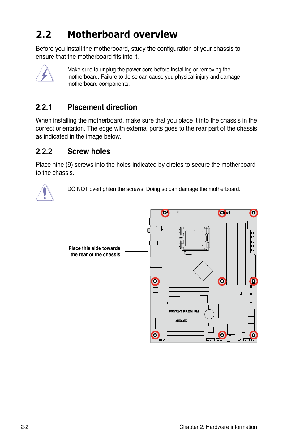 2 motherboard overview, 1 placement direction, 2 screw holes | Motherboard overview -2 2.2.1, Placement direction -2, Screw holes -2 | Asus P5N72-T Premium User Manual | Page 28 / 178