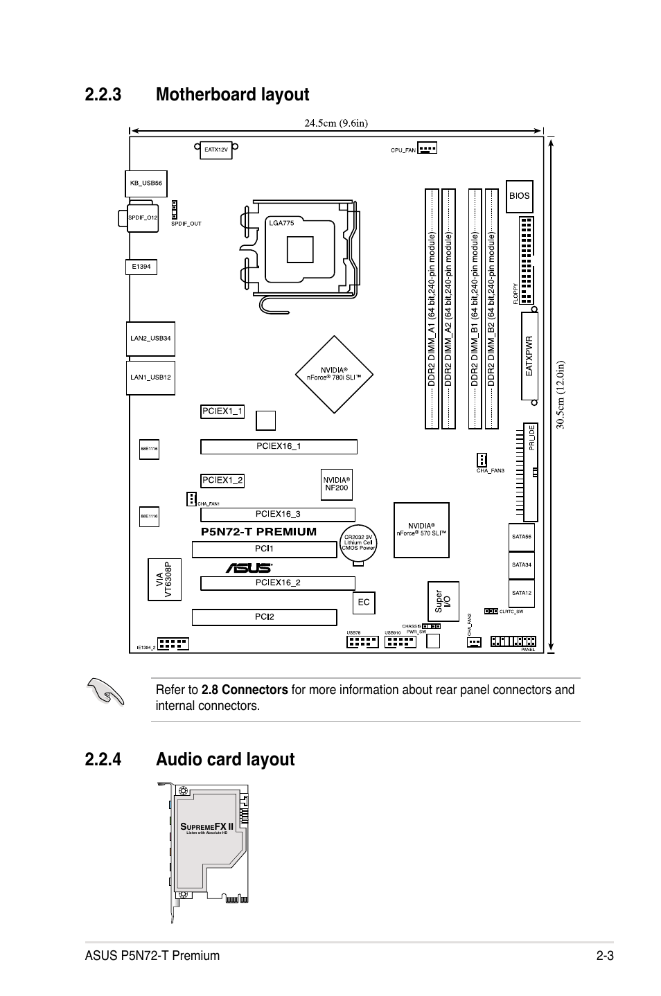 3 motherboard layout, 4 audio card layout, Motherboard layout -3 | Audio card layout -3 | Asus P5N72-T Premium User Manual | Page 29 / 178