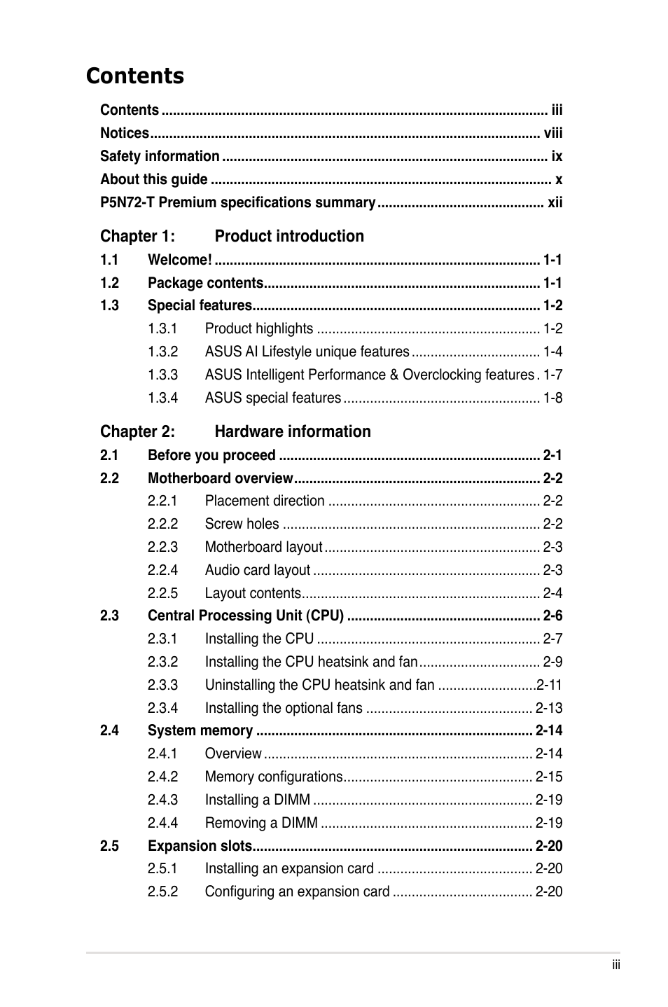 Asus P5N72-T Premium User Manual | Page 3 / 178