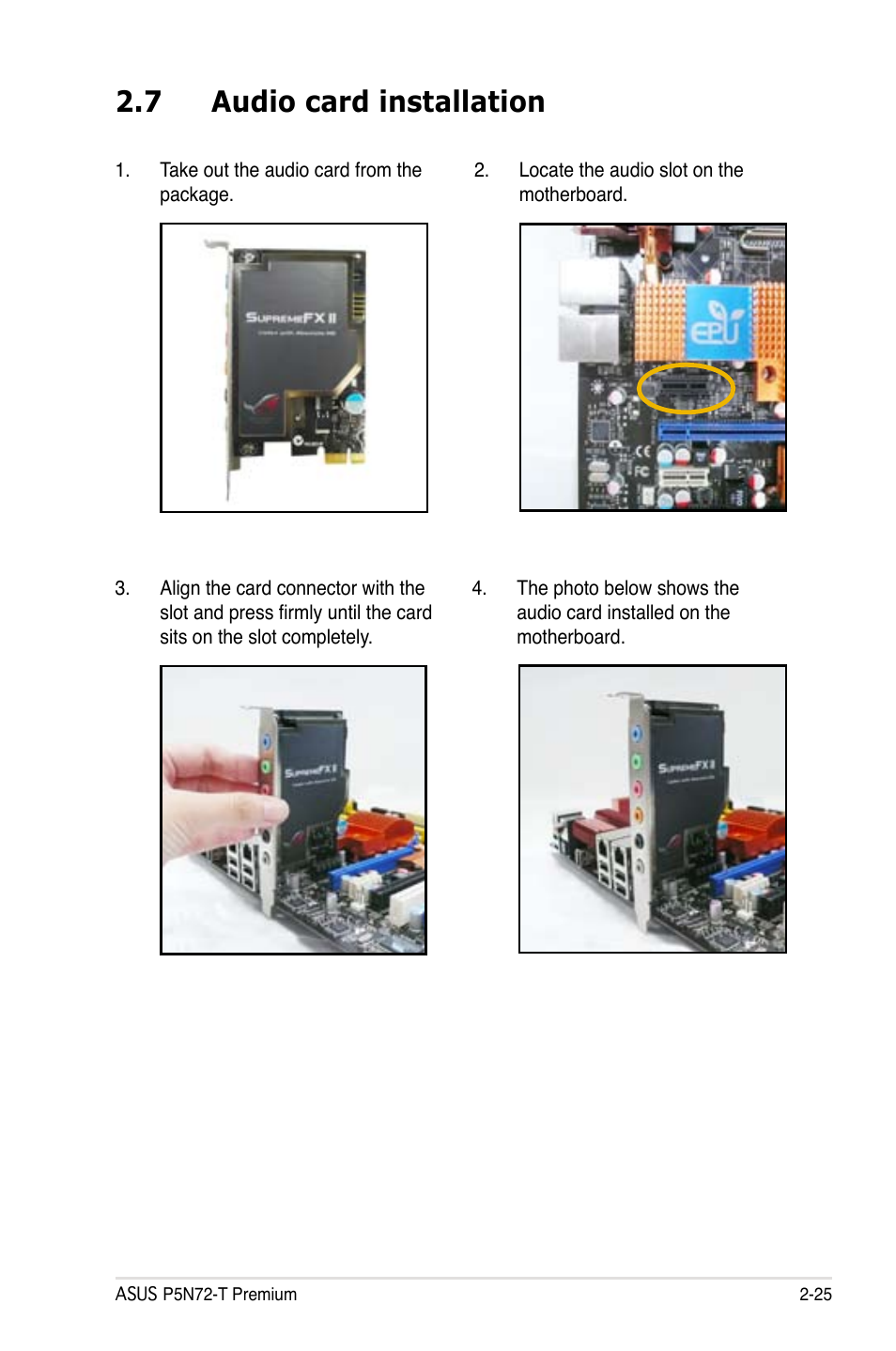 7 audio card installation, Audio card installation -25 | Asus P5N72-T Premium User Manual | Page 51 / 178