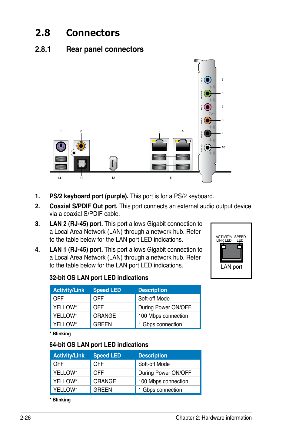 8 connectors, 1 rear panel connectors, Connectors -26 2.8.1 | Rear panel connectors -26 | Asus P5N72-T Premium User Manual | Page 52 / 178