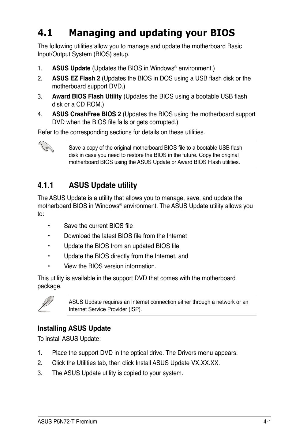 1 managing and updating your bios, 1 asus update utility, Managing and updating your bios -1 4.1.1 | Asus update utility -1 | Asus P5N72-T Premium User Manual | Page 71 / 178