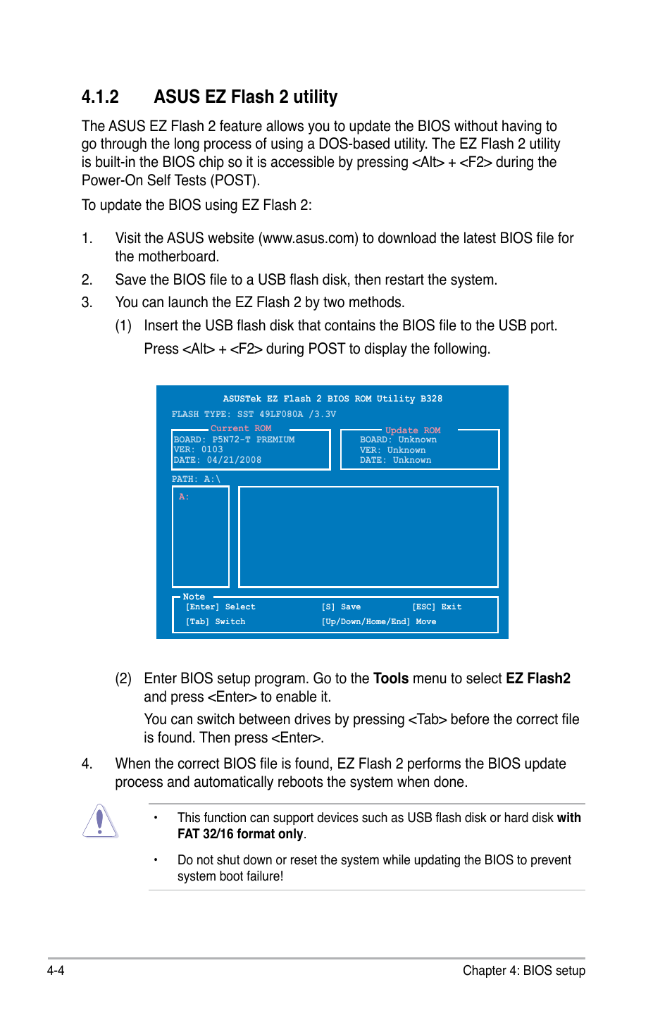 2 asus ez flash 2 utility, Asus ez flash 2 utility -4 | Asus P5N72-T Premium User Manual | Page 74 / 178