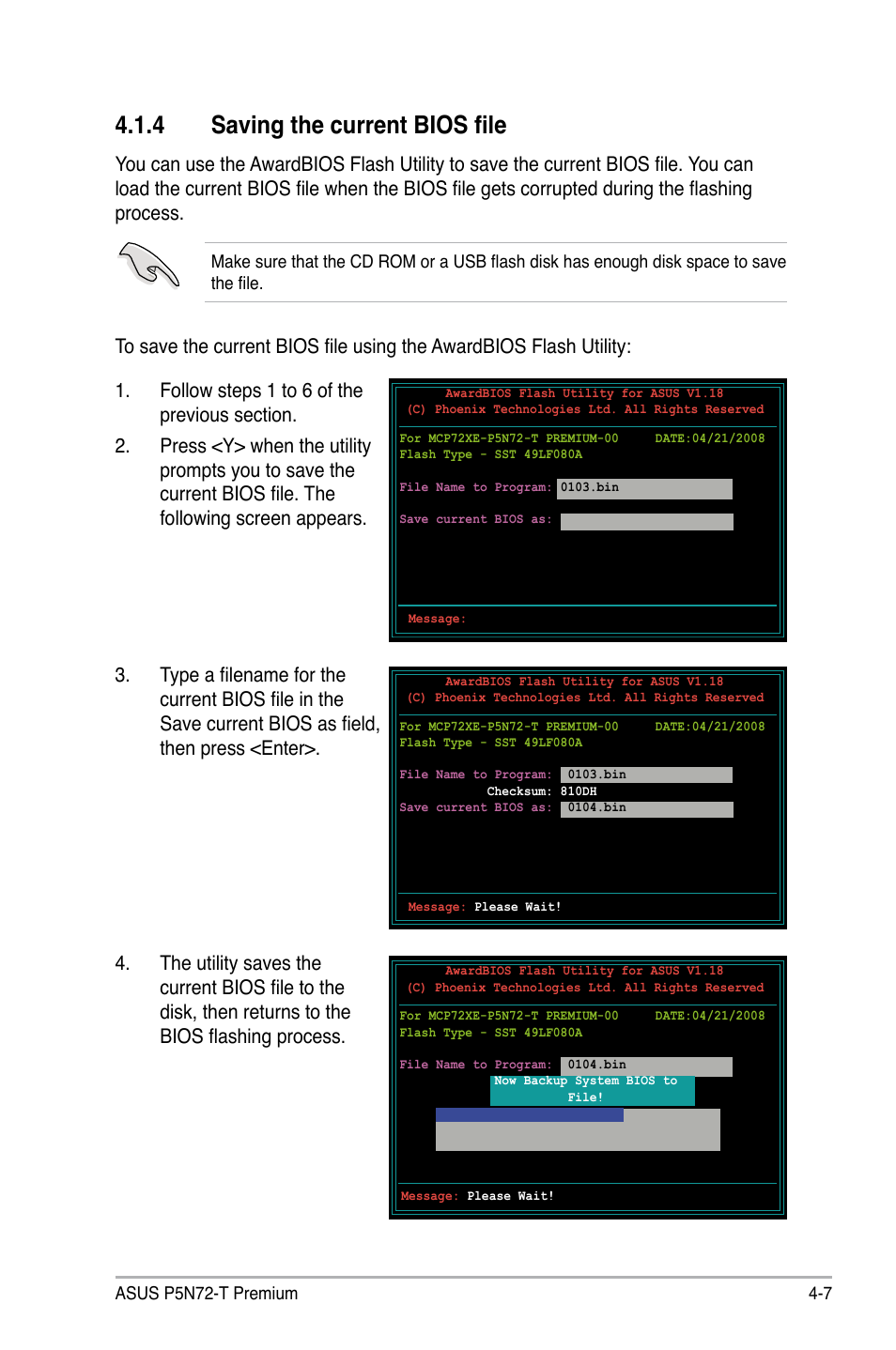 4 saving the current bios file, Saving the current bios file -7 | Asus P5N72-T Premium User Manual | Page 77 / 178