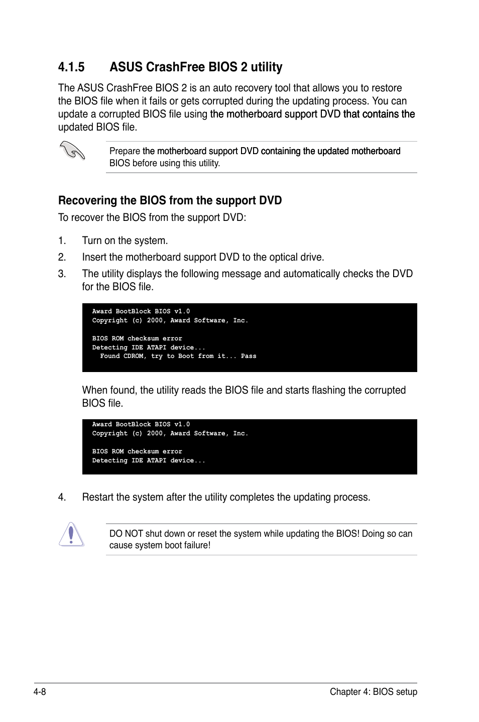 5 asus crashfree bios 2 utility, Asus crashfree bios 2 utility -8, Recovering the bios from the support dvd | Asus P5N72-T Premium User Manual | Page 78 / 178