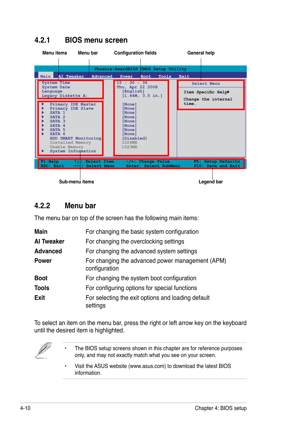 1 bios menu screen, 2 menu bar, Bios menu screen -10 | Menu bar -10 | Asus P5N72-T Premium User Manual | Page 80 / 178