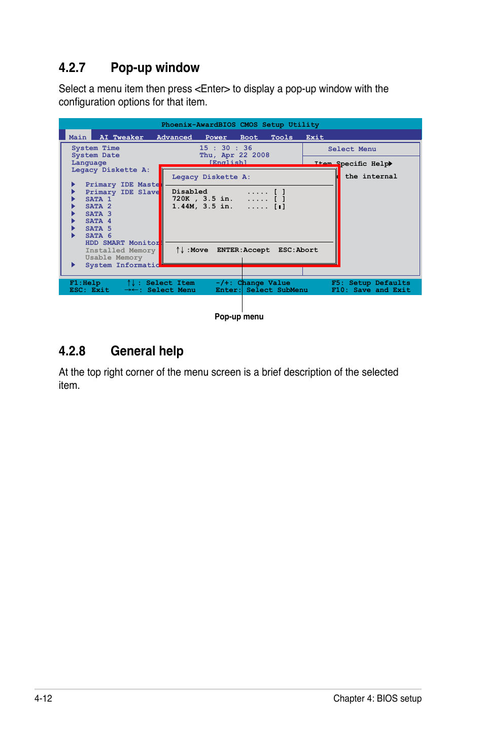 7 pop-up window, 8 general help, Pop-up window -12 | General help -12, 12 chapter 4: bios setup | Asus P5N72-T Premium User Manual | Page 82 / 178