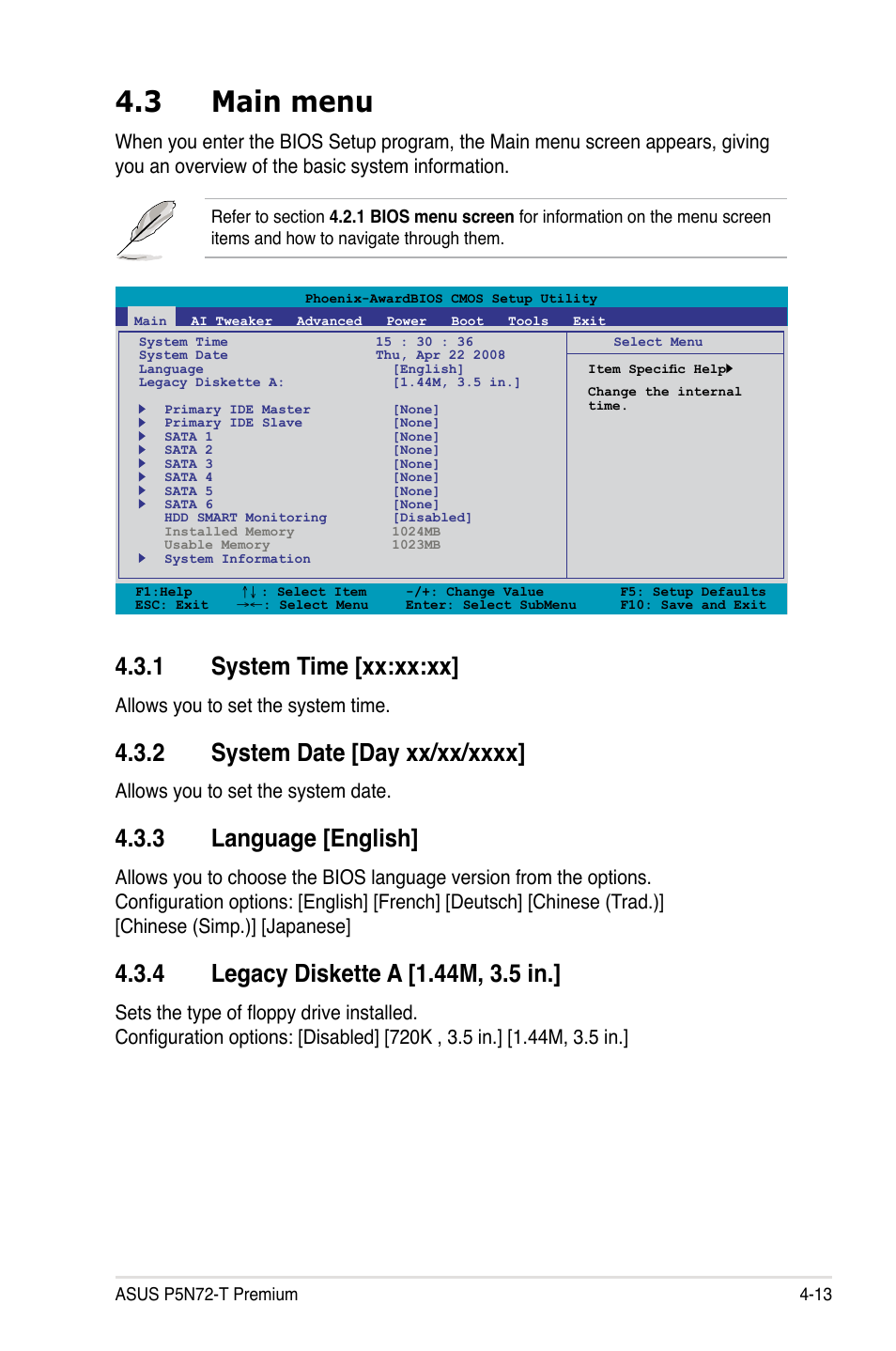 3 main menu, 1 system time [xx:xx:xx, 2 system date [day xx/xx/xxxx | 3 language [english, 4 legacy diskette a [1.44m, 3.5 in, Main menu -13 4.3.1, System time -13, System date -13, Language -13, Legacy diskette a -13 | Asus P5N72-T Premium User Manual | Page 83 / 178