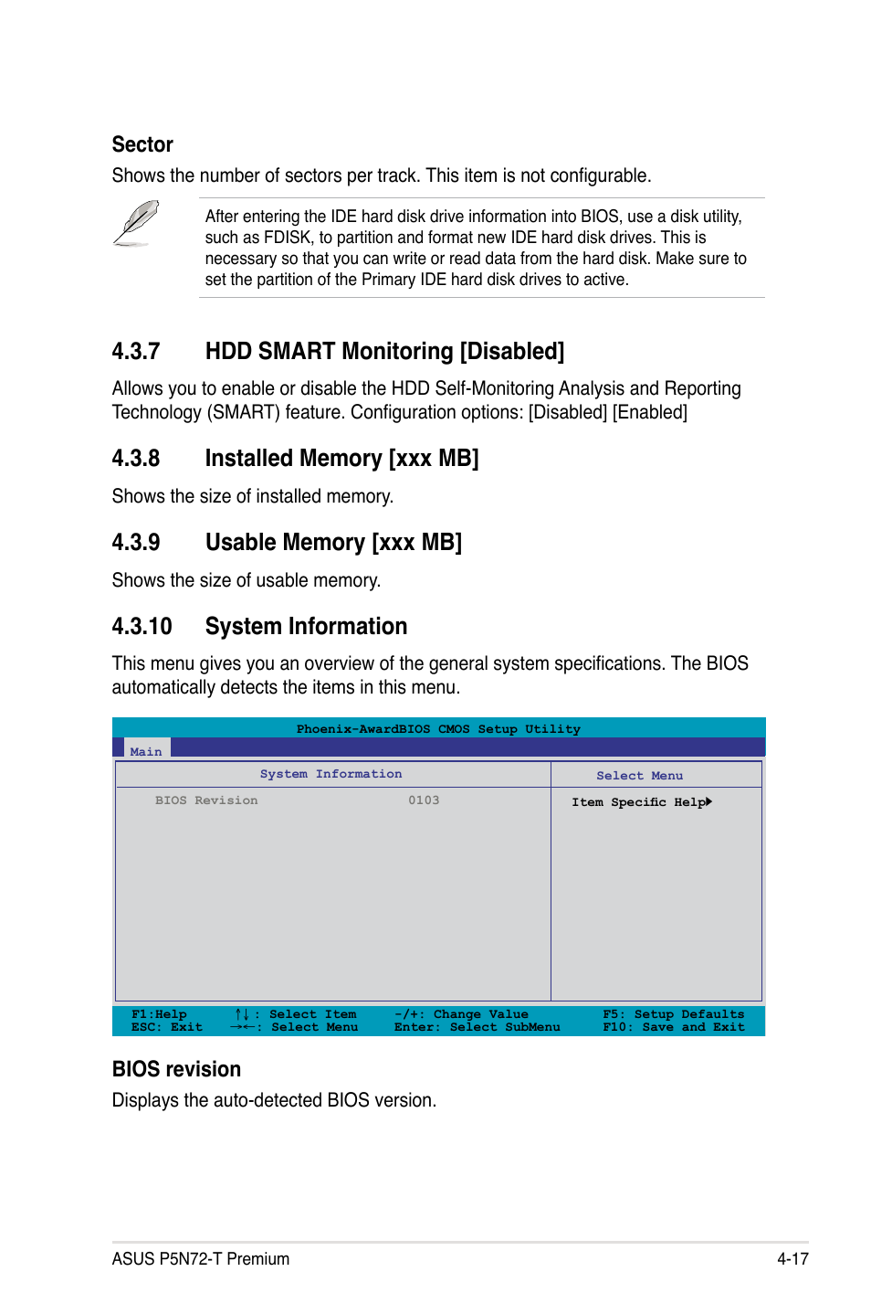 7 hdd smart monitoring [disabled, 8 installed memory [xxx mb, 9 usable memory [xxx mb | 10 system information, Hdd smart monitoring -17, Installed memory -17, Usable memory -17, 10 system information -17, Sector, Bios revision | Asus P5N72-T Premium User Manual | Page 87 / 178