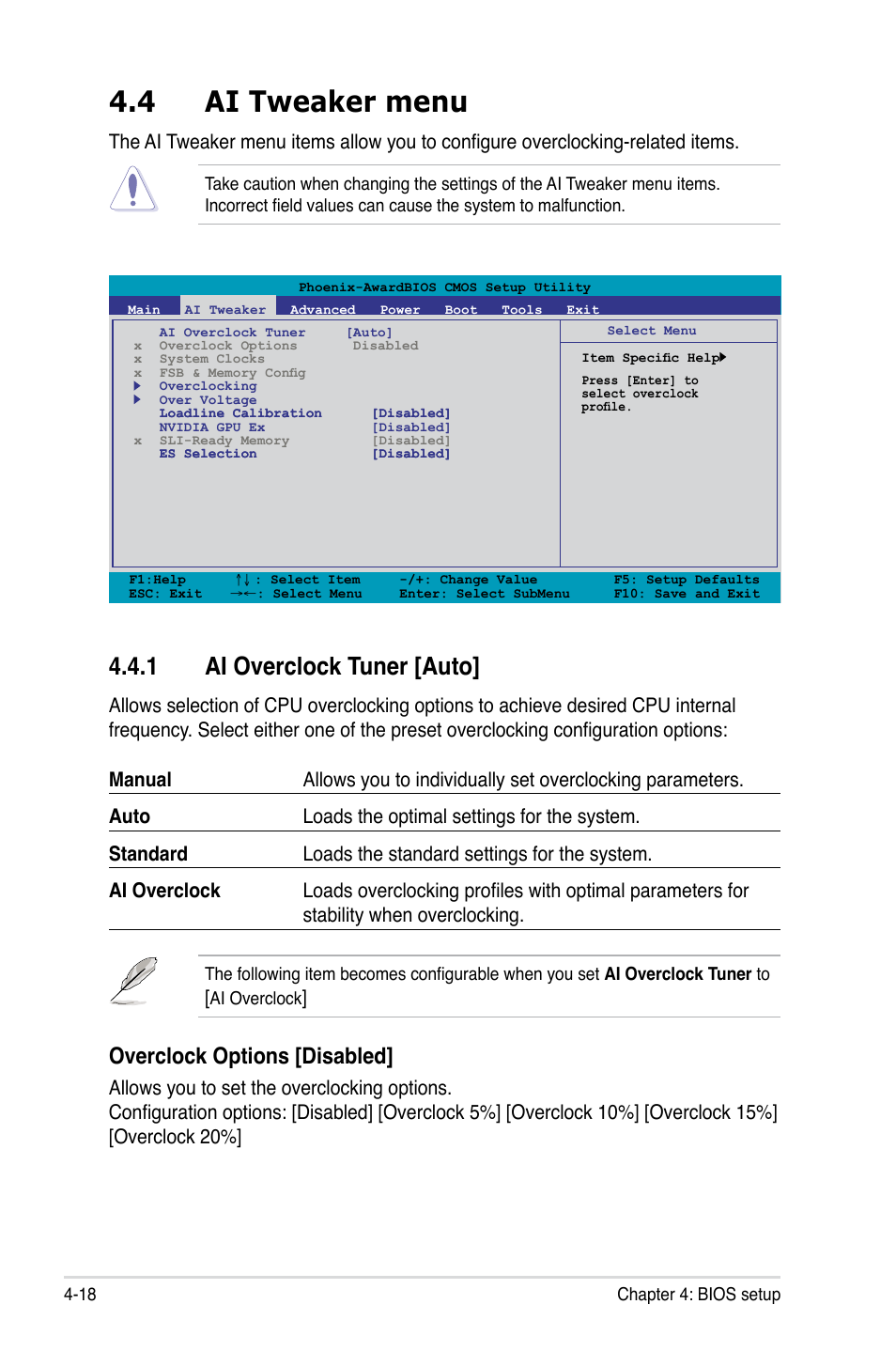 4 ai tweaker menu, 1 ai overclock tuner [auto, Ai tweaker menu -18 4.4.1 | Ai overclock tuner -18, Overclock options [disabled | Asus P5N72-T Premium User Manual | Page 88 / 178