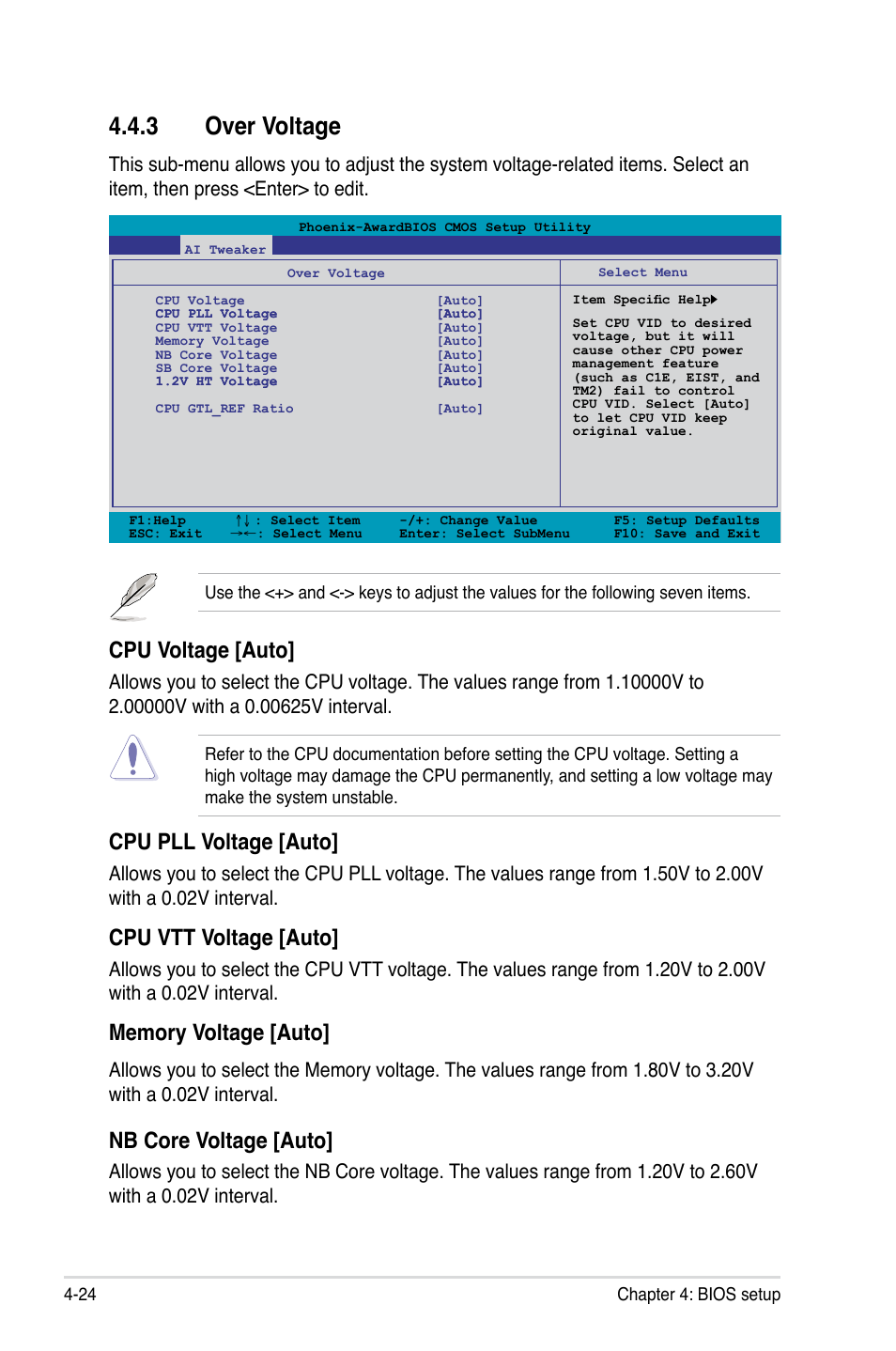 3 over voltage, Over voltage -24, Cpu voltage [auto | Cpu pll voltage [auto, Cpu vtt voltage [auto, Nb core voltage [auto | Asus P5N72-T Premium User Manual | Page 94 / 178