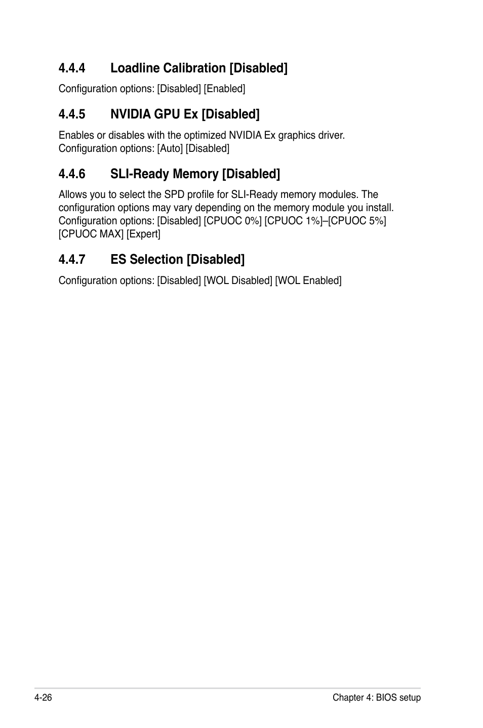 4 loadline calibration [disabled, 5 nvidia gpu ex [disabled, 6 sli-ready memory [disabled | 7 es selection [disabled, Loadline calibration -26, Nvidia gpu ex -26, Sli-ready memory -26, Es selection -26 | Asus P5N72-T Premium User Manual | Page 96 / 178
