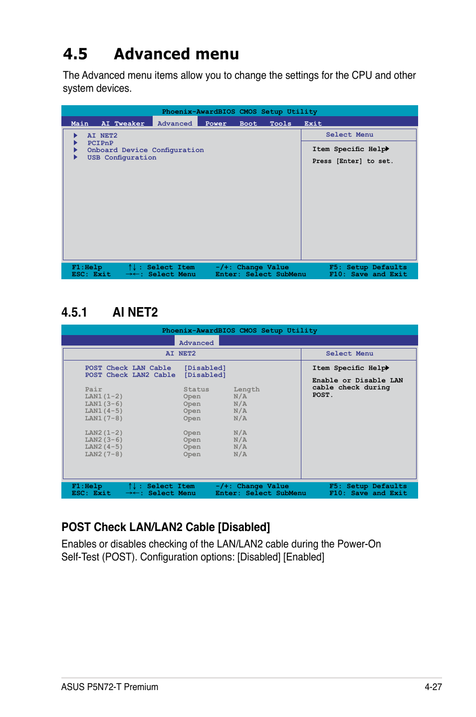 5 advanced menu, 1 ai net2, Advanced menu -27 4.5.1 | Ai net2 -27, Post check lan/lan2 cable [disabled | Asus P5N72-T Premium User Manual | Page 97 / 178