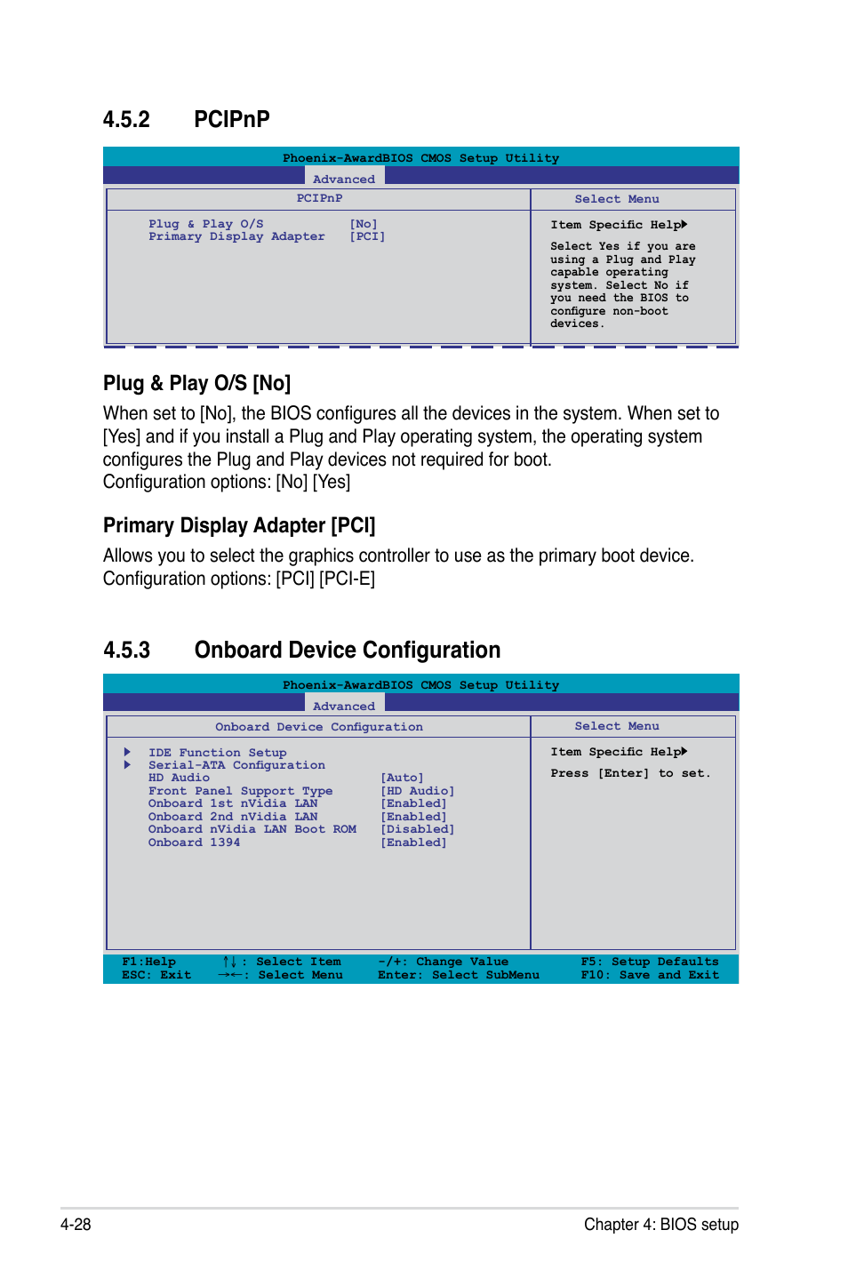 2 pcipnp, 3 onboard device configuration, Pcipnp -28 | 3 onboard device configuration -28, Plug & play o/s [no, Primary display adapter [pci | Asus P5N72-T Premium User Manual | Page 98 / 178