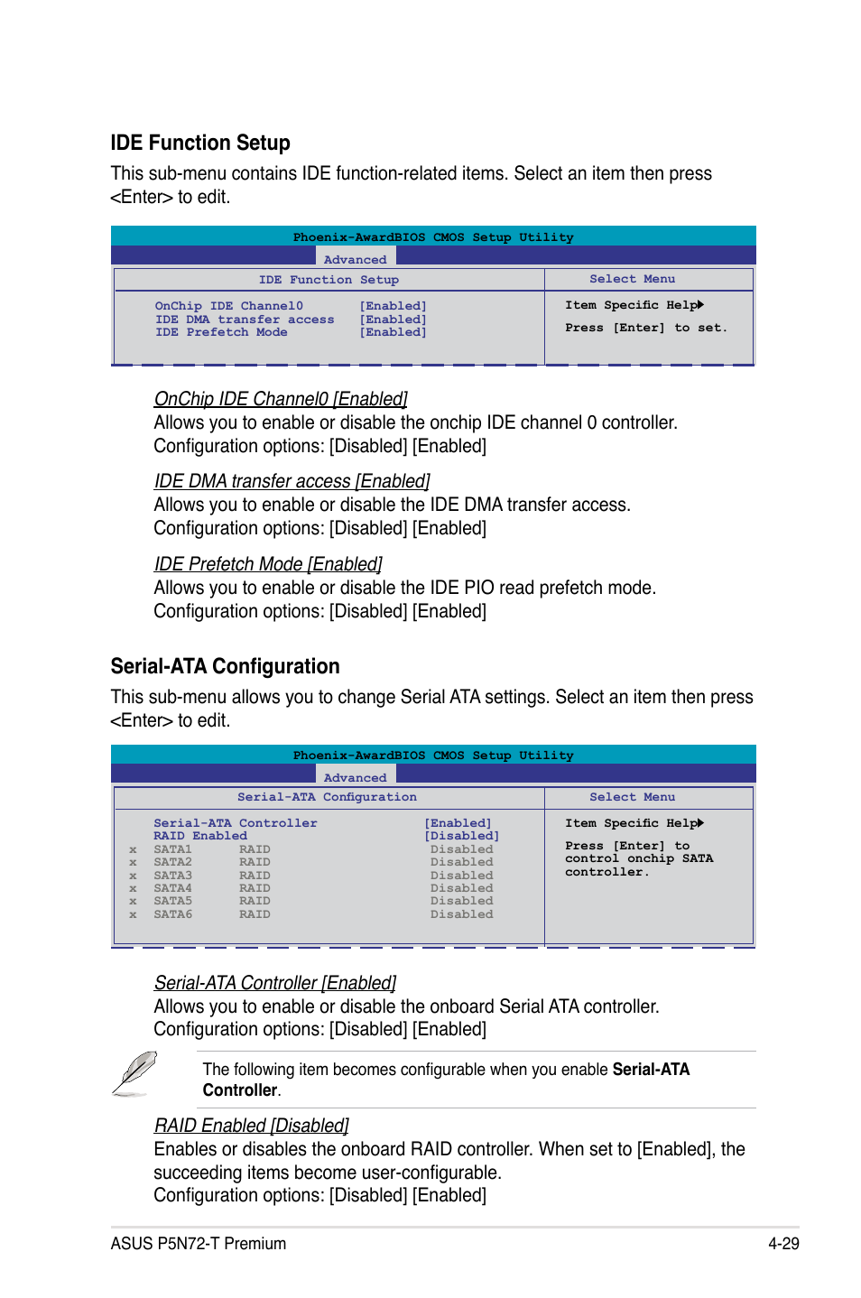 Ide function setup, Serial-ata configuration | Asus P5N72-T Premium User Manual | Page 99 / 178