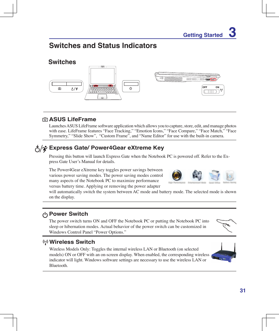 Switches and status indicators, Switches | Asus U6V User Manual | Page 31 / 89