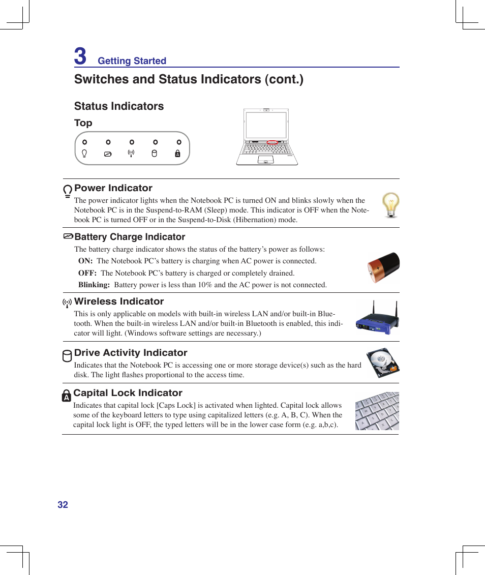 Status indicators, Switches and status indicators (cont.) | Asus U6V User Manual | Page 32 / 89