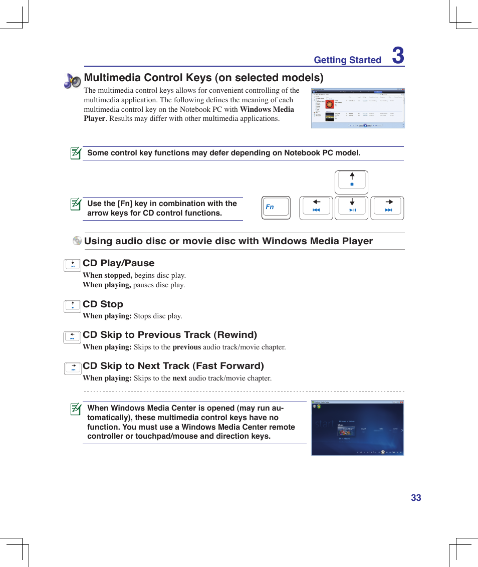 Multimedia control keys (on selected models) | Asus U6V User Manual | Page 33 / 89