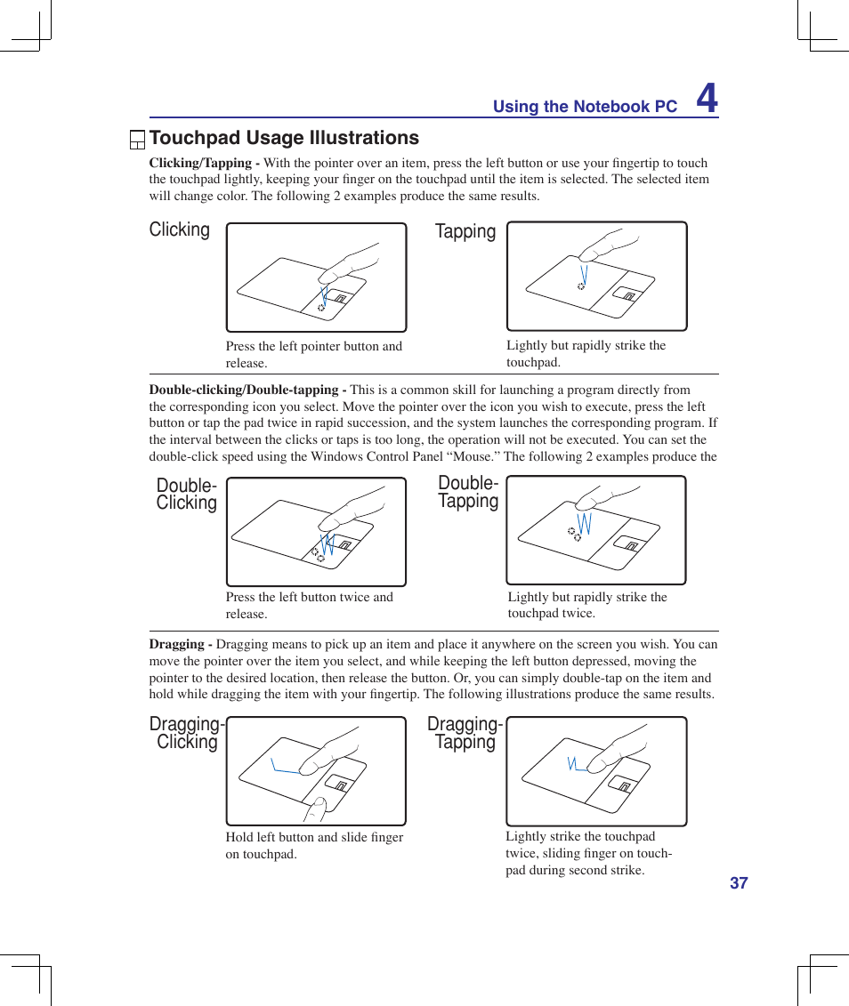 Touchpad usage illustrations | Asus U6V User Manual | Page 37 / 89