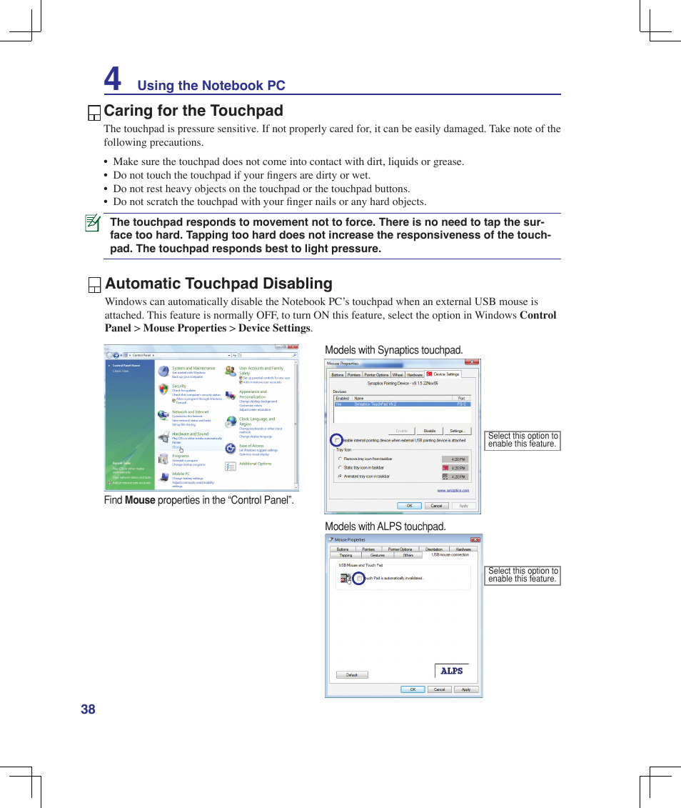 Caring for the touchpad, Automatic touchpad disabling | Asus U6V User Manual | Page 38 / 89