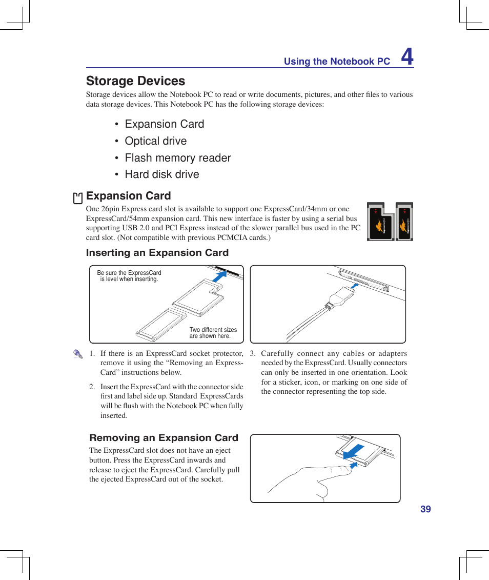 Storage devices, Expansion card | Asus U6V User Manual | Page 39 / 89