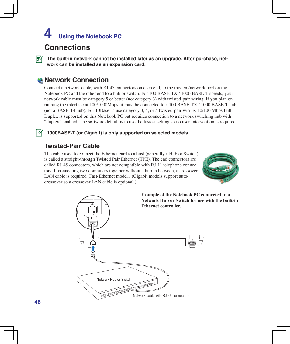 Connections, Network connection | Asus U6V User Manual | Page 46 / 89