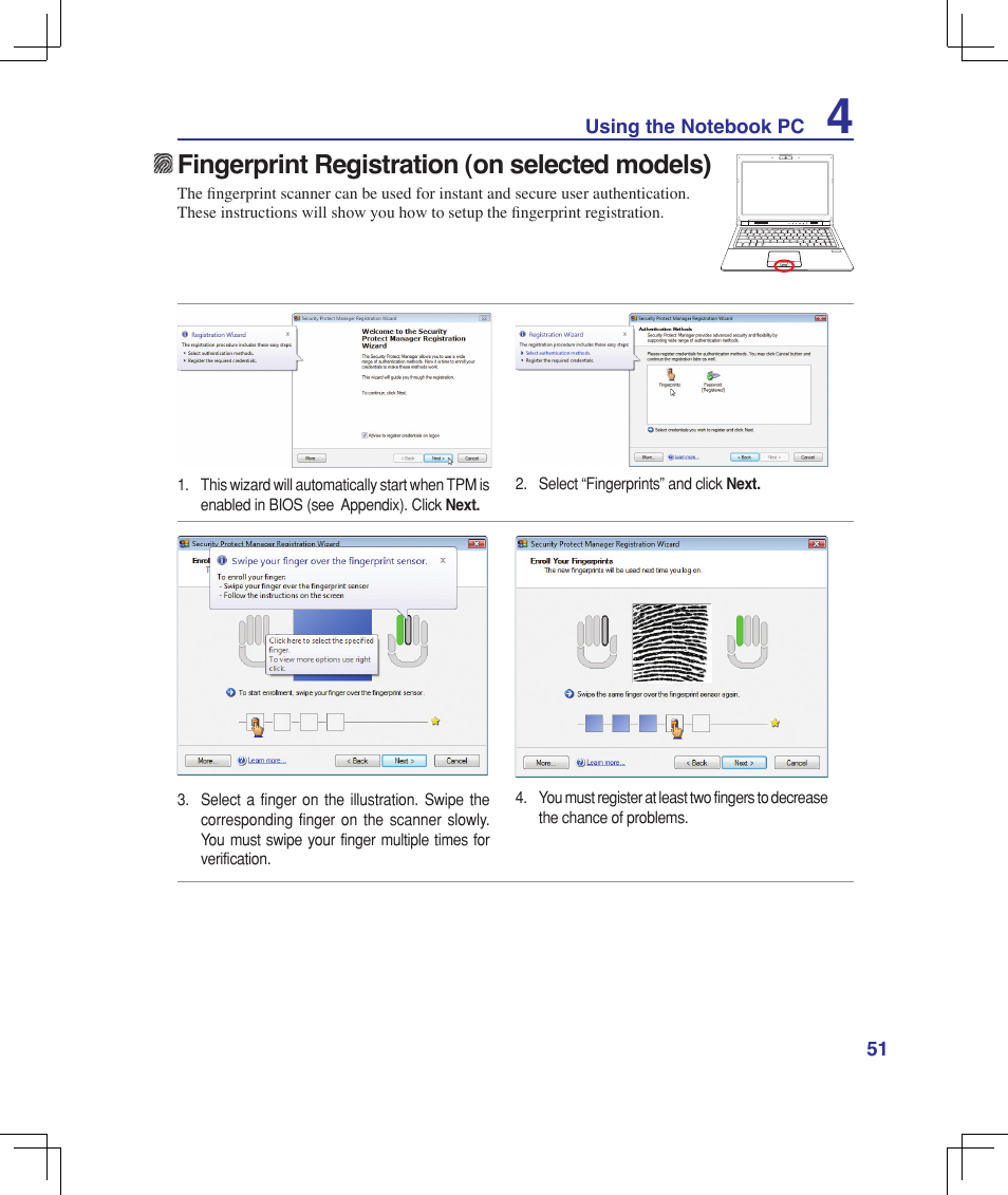 Fingerprint registration (on selected models) | Asus U6V User Manual | Page 51 / 89