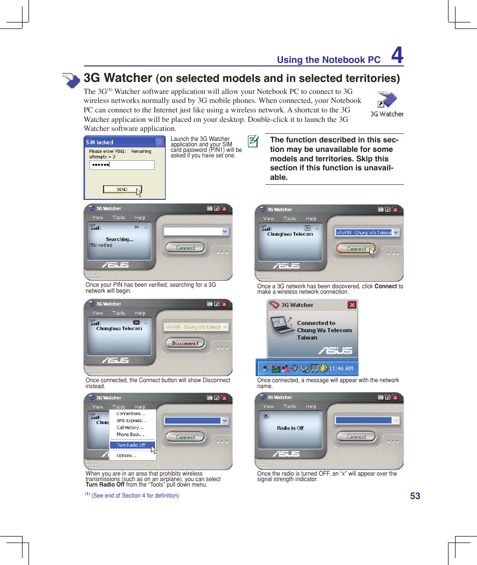 3g watcher, On selected models and in selected territories) | Asus U6V User Manual | Page 53 / 89