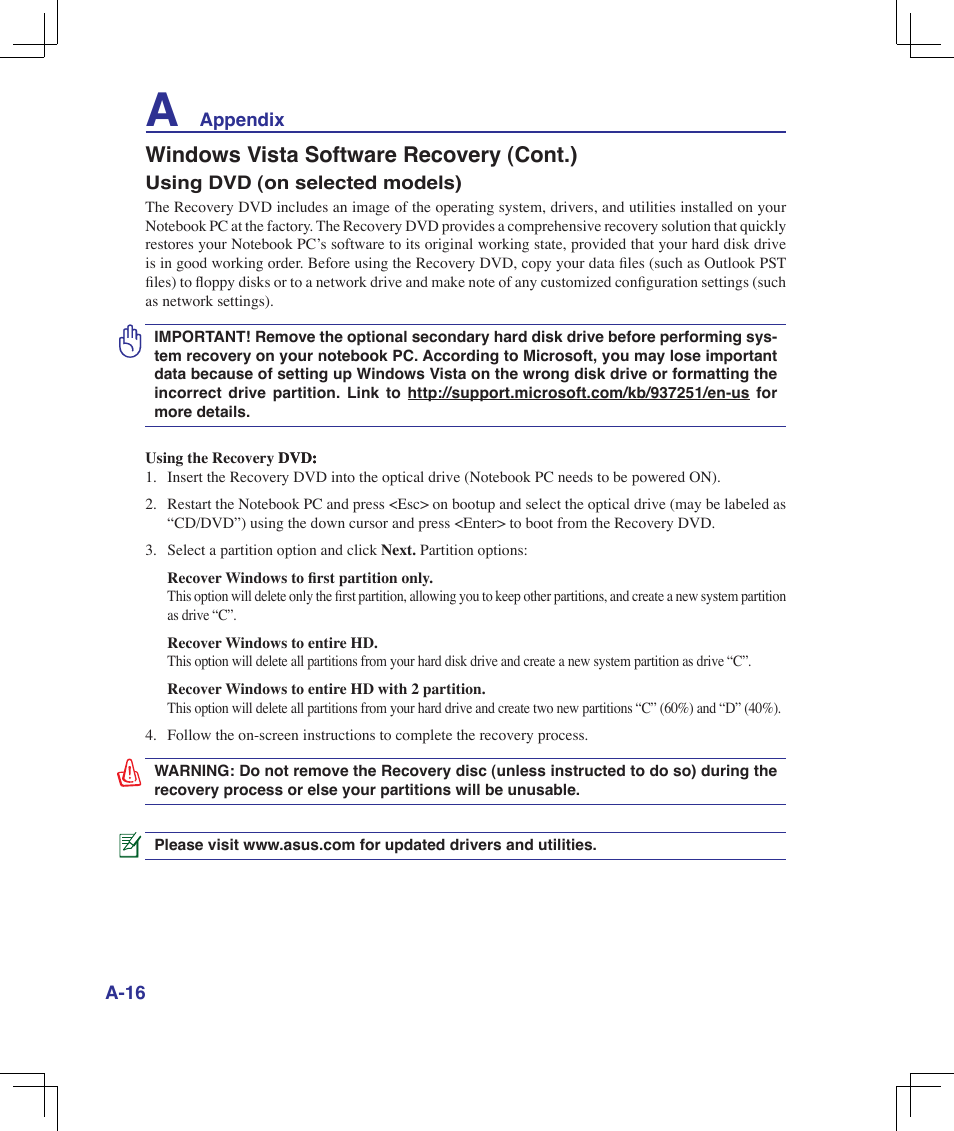 Windows vista software recovery (cont.) | Asus U6V User Manual | Page 72 / 89