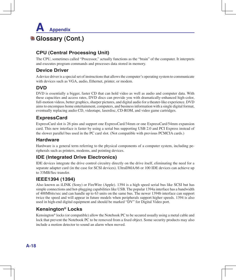 Glossary (cont.) | Asus U6V User Manual | Page 74 / 89