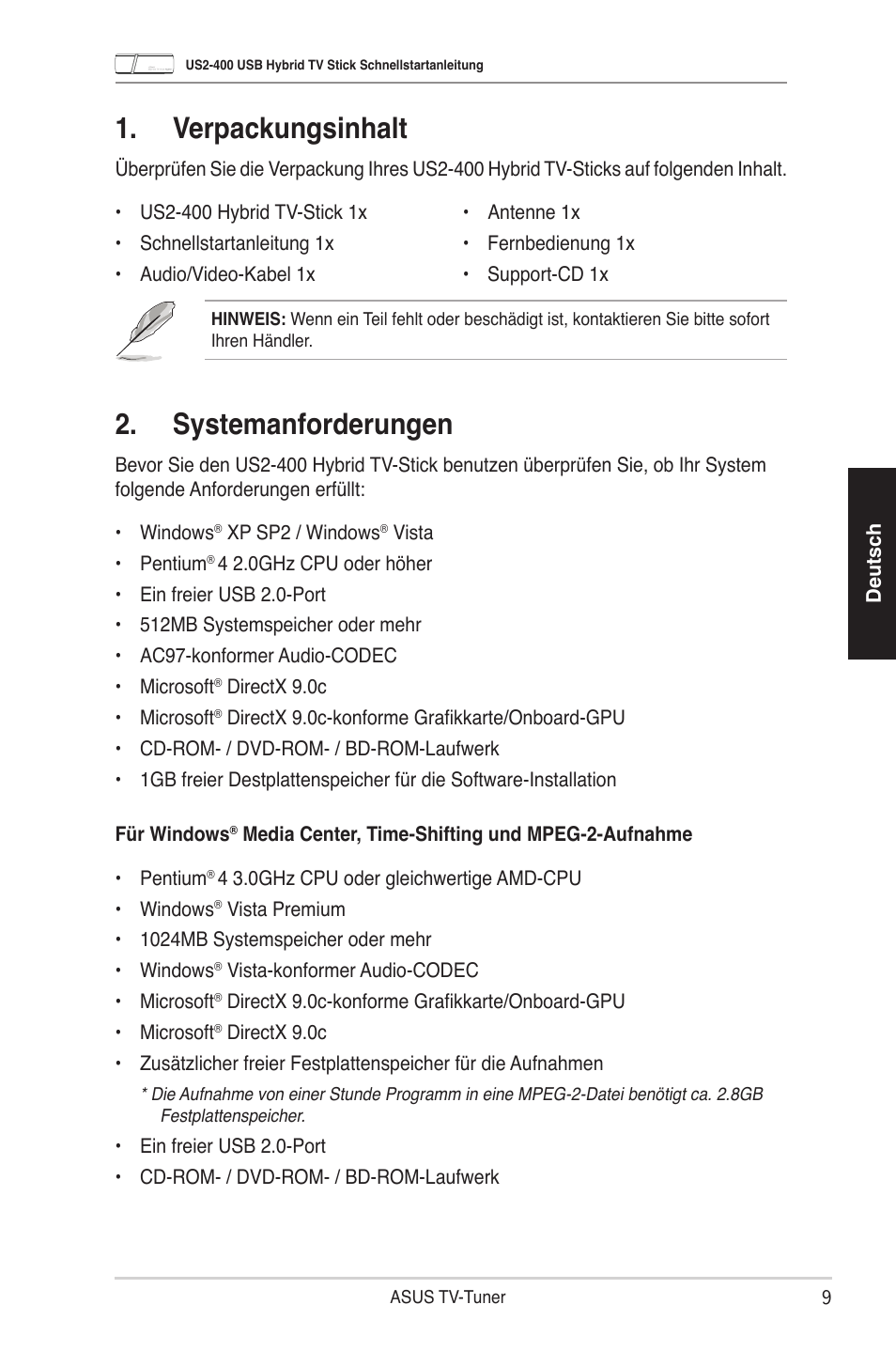 Verpackungsinhalt, Systemanforderungen | Asus My Cinema-US2-400 User Manual | Page 11 / 42