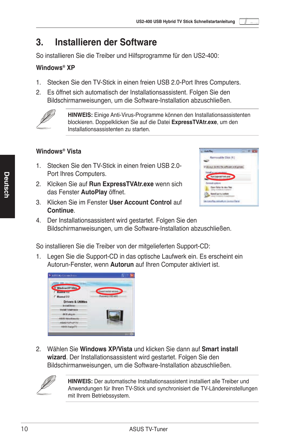 Installieren der software | Asus My Cinema-US2-400 User Manual | Page 12 / 42