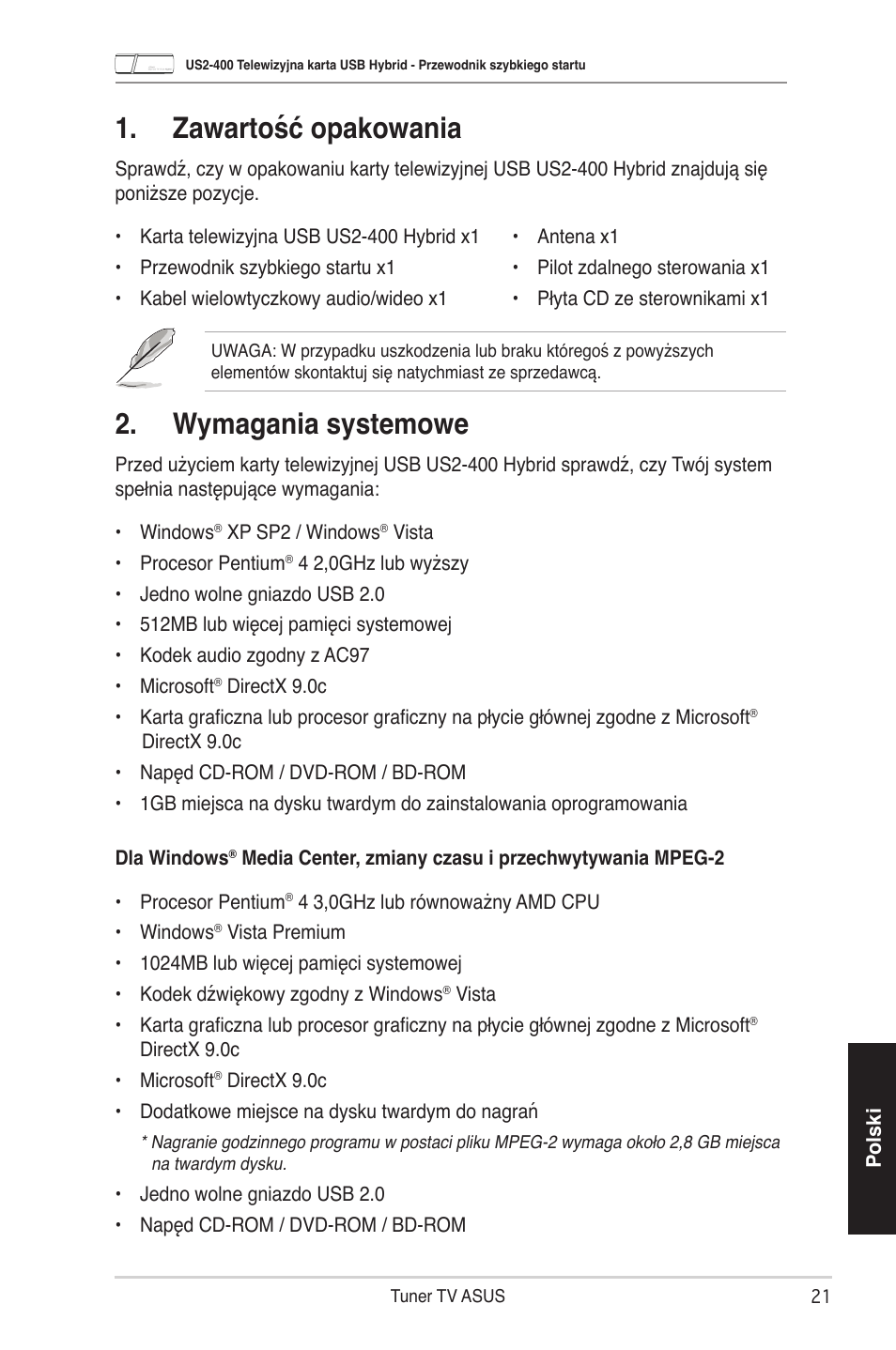 Zawartość opakowania, Wymagania systemowe | Asus My Cinema-US2-400 User Manual | Page 23 / 42