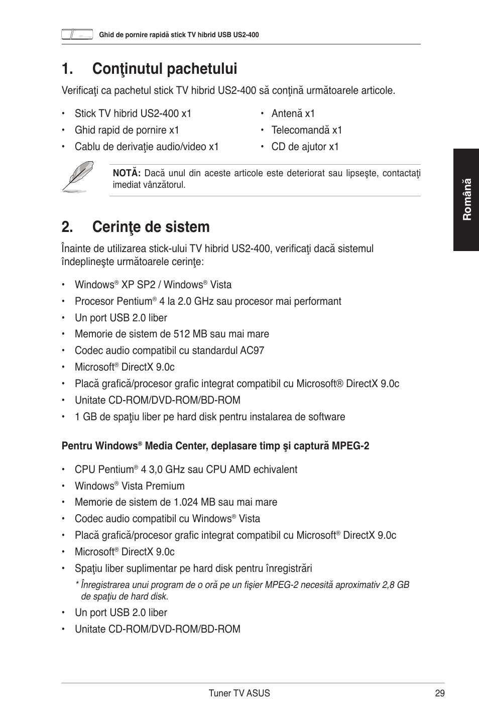 Conţinutul pachetului, Cerinţe de sistem | Asus My Cinema-US2-400 User Manual | Page 31 / 42