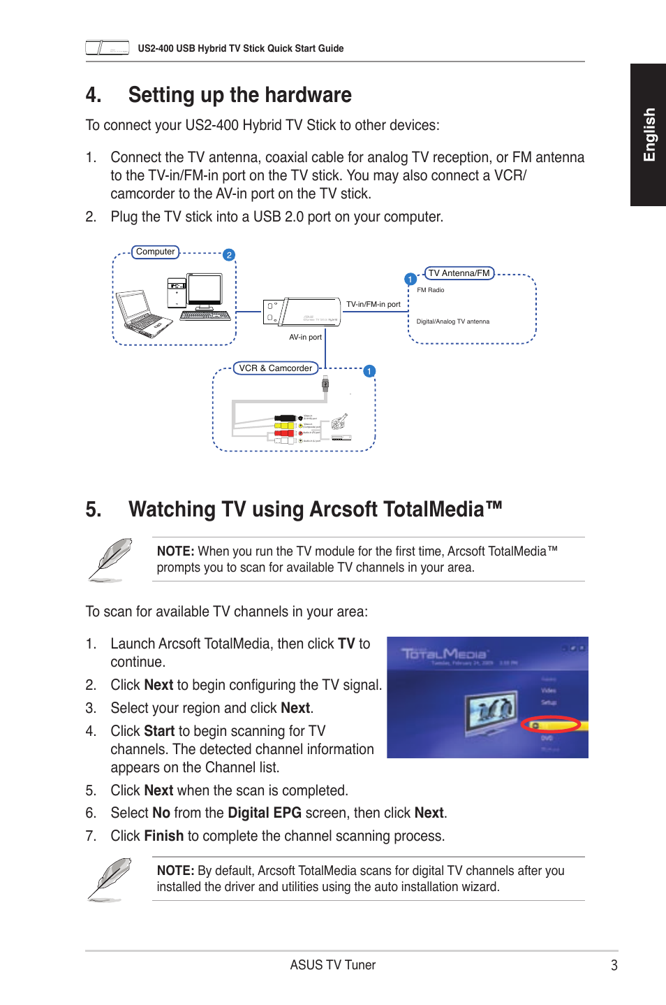 Setting up the hardware, Watching tv using arcsoft totalmedia, English | Asus My Cinema-US2-400 User Manual | Page 5 / 42