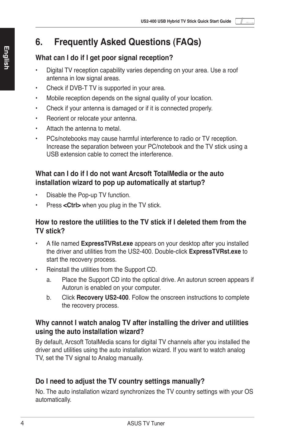 Frequently asked questions (faqs) | Asus My Cinema-US2-400 User Manual | Page 6 / 42