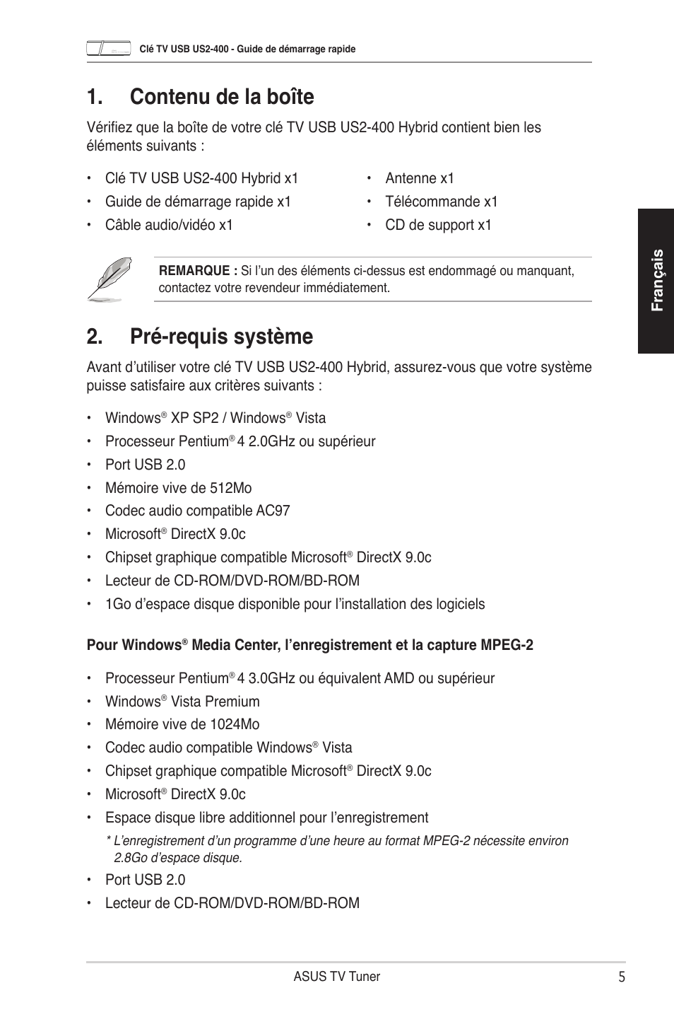 Contenu de la boîte, Pré-requis système | Asus My Cinema-US2-400 User Manual | Page 7 / 42