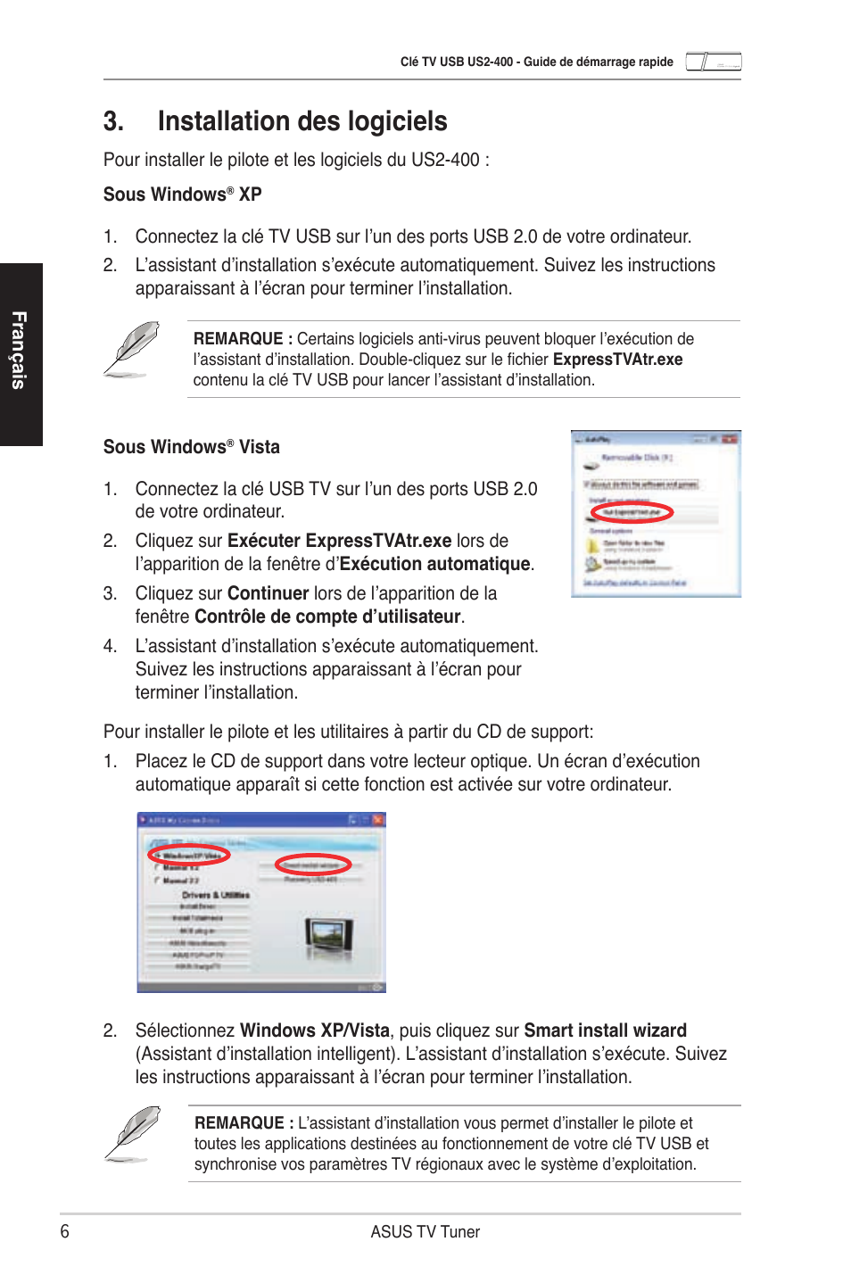 Installation des logiciels | Asus My Cinema-US2-400 User Manual | Page 8 / 42