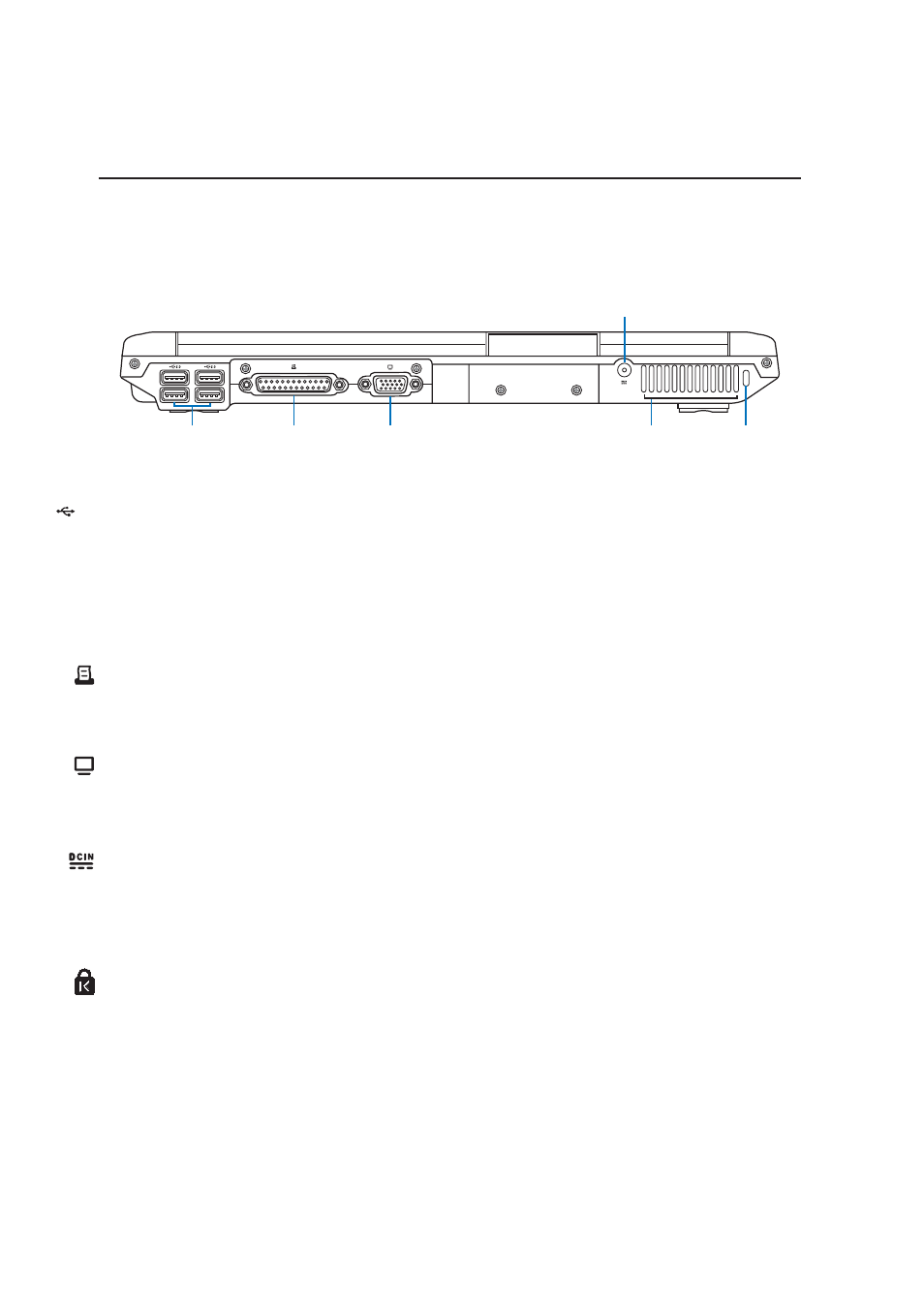 Rear side, Knowing the parts, Kensington | Lock port, Usb port (2.0/1.1), Power (dc) input, Display (monitor) output, Parallel port | Asus A3N User Manual | Page 25 / 76