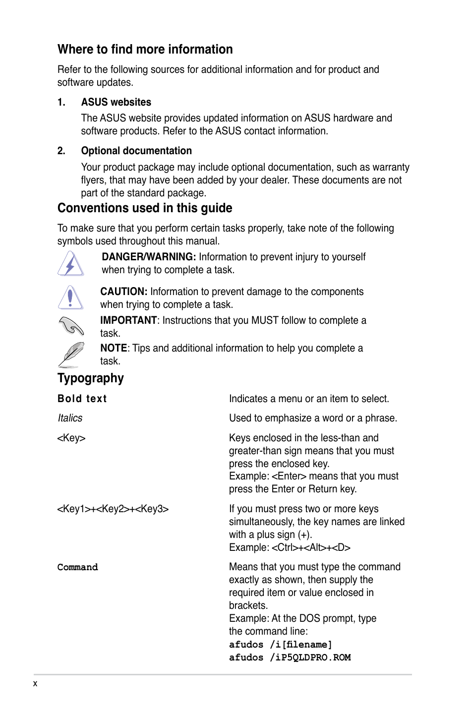 Conventions used in this guide, Typography, Where to find more information | Asus P5QLD PRO User Manual | Page 10 / 148